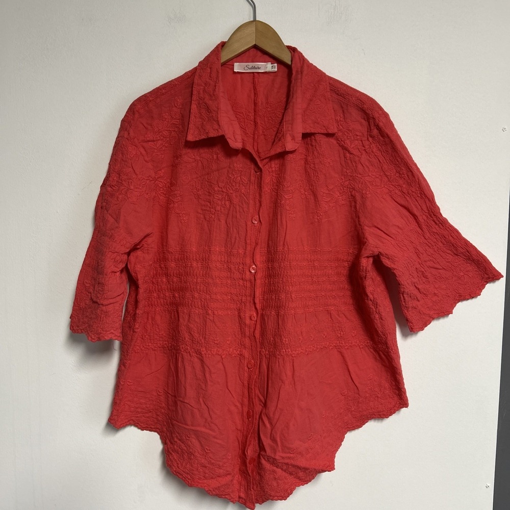 Solitaire Women's 1X Coral Button‎ Front Embroidered Shirt Bohemian Cotton